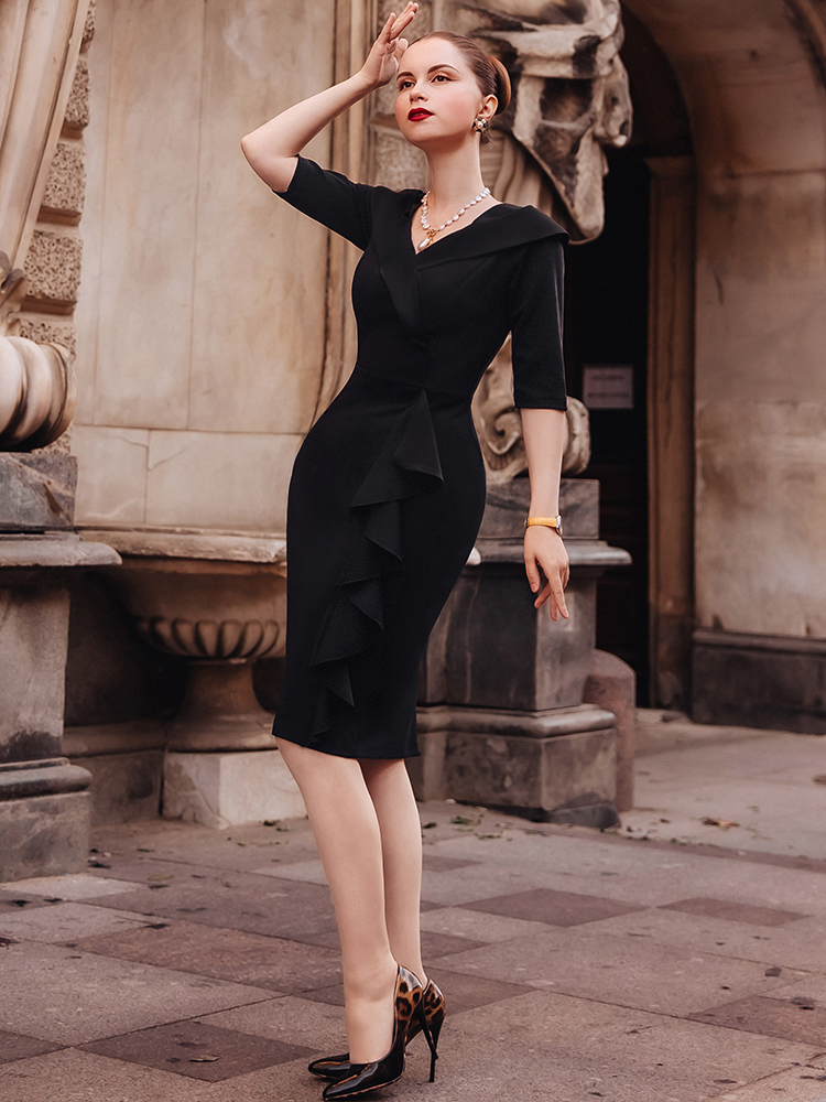 ワンピース No-Sleeve Chekced Feminine Tight Dress AISIZE Women's Vintage V-Neck 3/4 Sleeve Ruffle Cocktail Formal